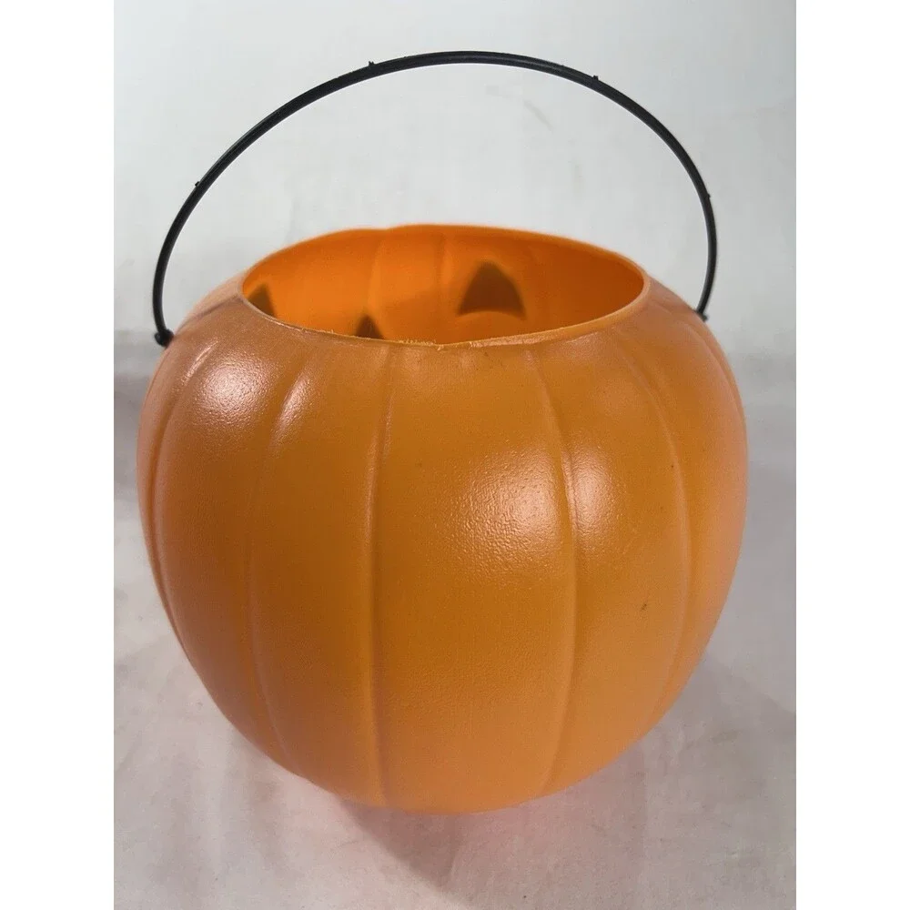 Orange Pumpkin Blow Mold Bucket Pail Handle Halloween Trick or Treat Candy